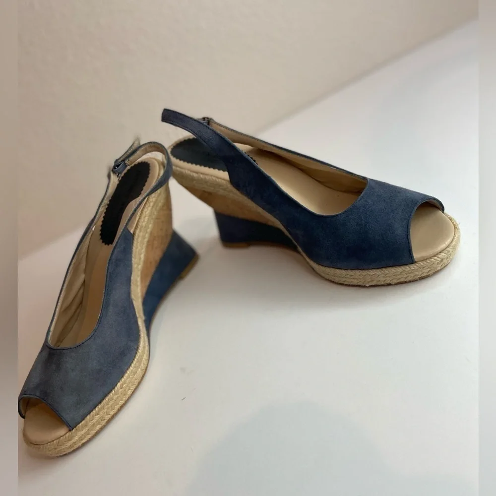 Audrey Brooke~Blue Faux Suede~Espadrille Cork Wedge~Peep Toe~Sandal~Size 8.5B